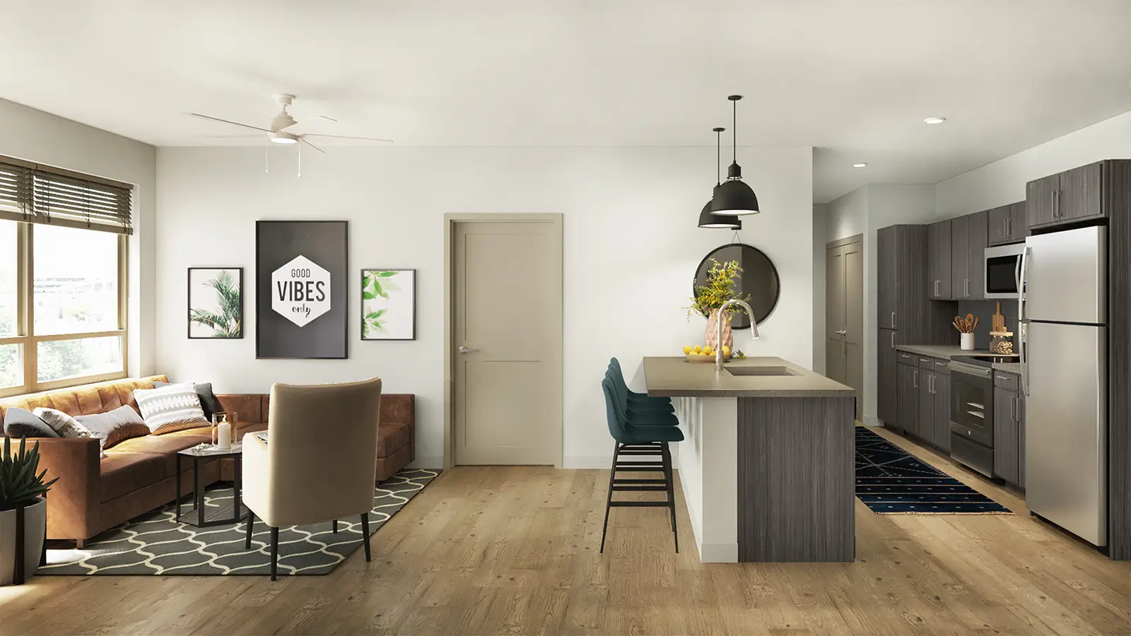 kitchen and living room
